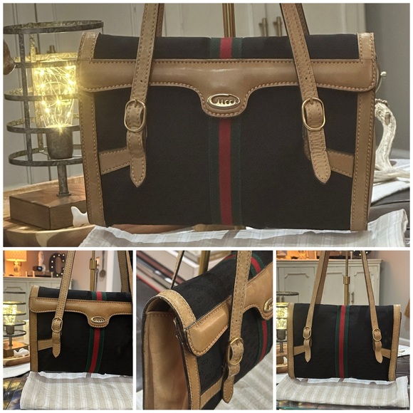 GUCCI Sherryline Shoulder Bag w/Black GG Monogram Canvas RARE Vintage Beauty!